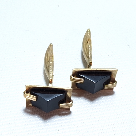 Vintage Poag Jewellers Gold Tone and Black Stone Cuff Links - Picture 3 of 6
